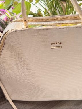 Furla Cream Snakeskin Embossed Leather Satchel with Gold Hardware
